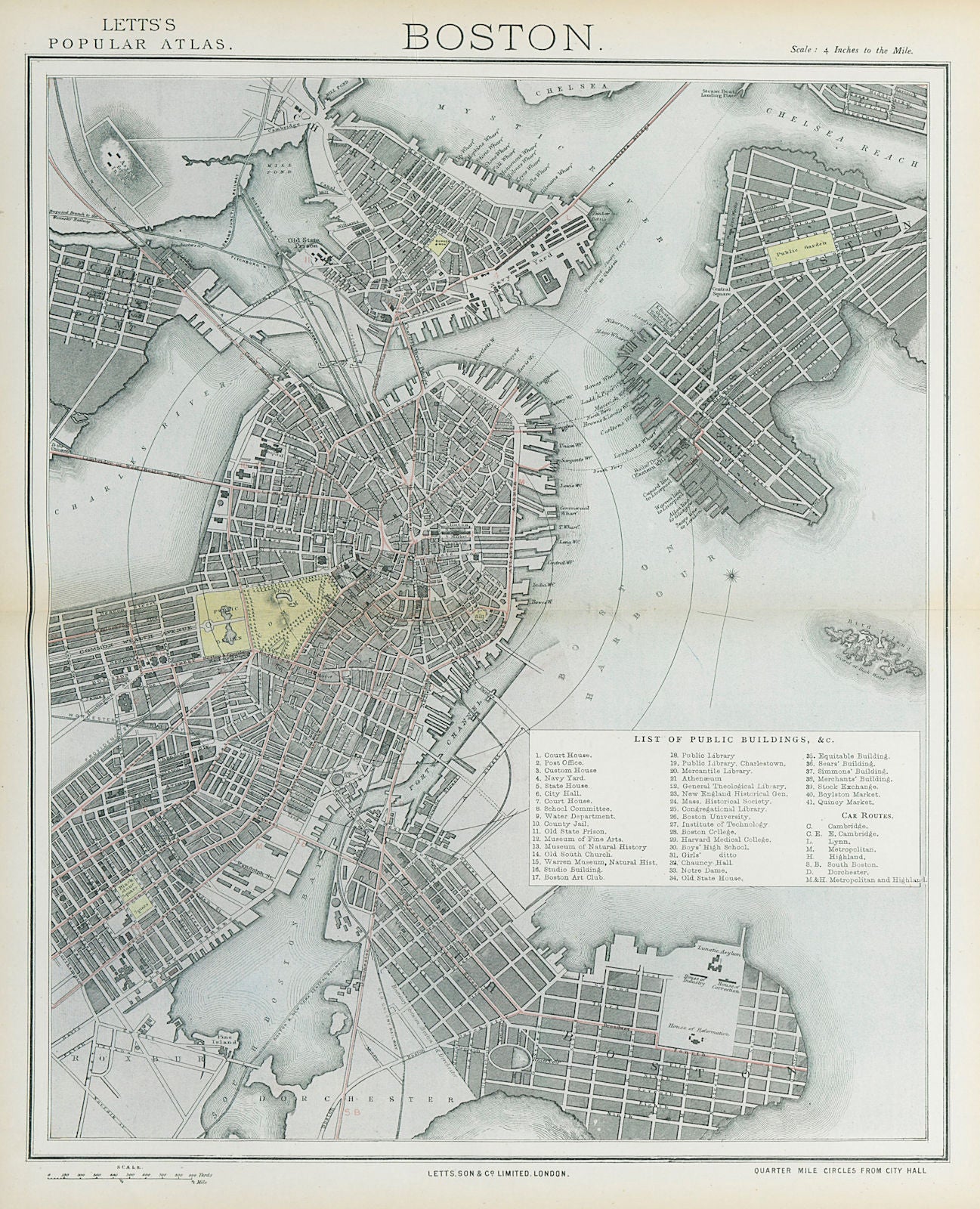 BOSTON antique town city map plan. Charlestown. LETTS 1883 old